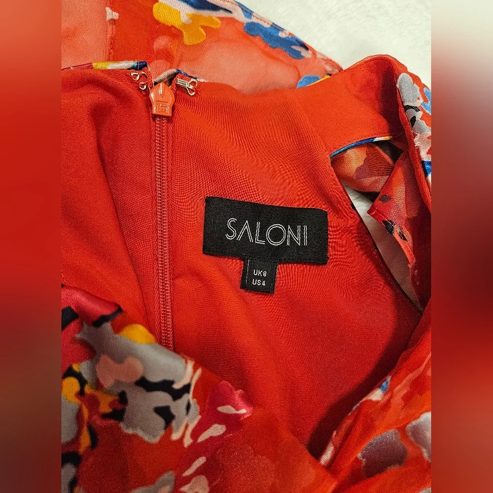 Saloni Cece Floral Print Ruffle Trim Dress in Coral  Size 4 - Picture 8 of 9